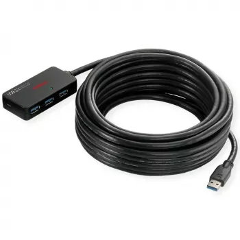 ROLINE USB 3.2 Gen 1 Hubs ar 4 Portiem un Repeater 10 m Melns