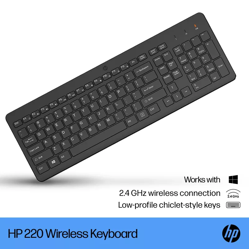 Bezvadu pilna izmēra membrānas tastatūra HP 220 — Melna, RF 2.4 GHz, USB-A uztvērējs, QWERTY, ciparu bloks, AAA baterija