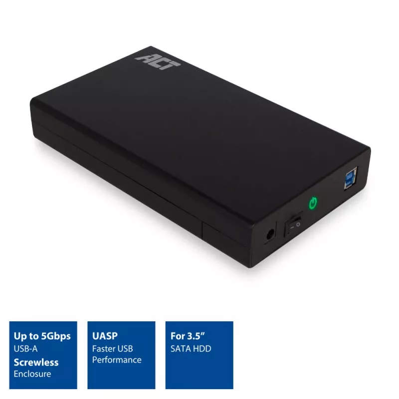 ACT AC1405 3,5 collu SATA HDD/SSD ārējais korpuss, USB 3.2 Gen1, bezskrūvju montāža, melns