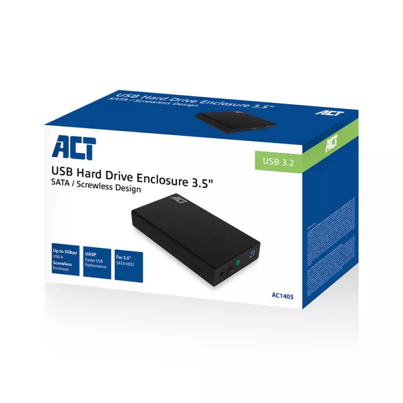 ACT AC1405 3,5 collu SATA HDD/SSD ārējais korpuss, USB 3.2 Gen1, bezskrūvju montāža, melns