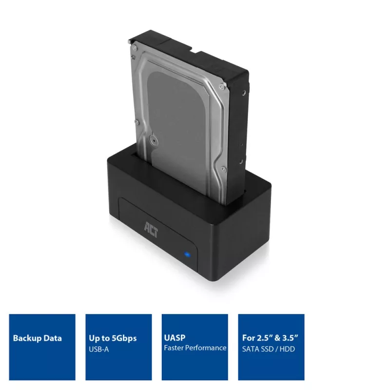 ACT 2.5 collu/3.5 collu SATA HDD/SSD dokstacija USB 3.2 Gen1 Melna