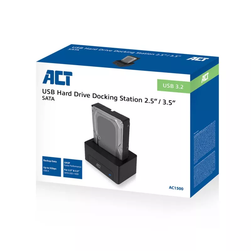 ACT 2.5 collu/3.5 collu SATA HDD/SSD dokstacija USB 3.2 Gen1 Melna