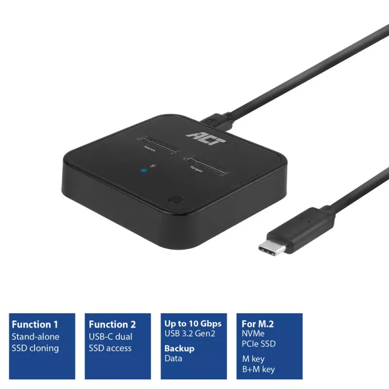 ACT M.2 NVMe/PCIe divu SSD doku klonēšanas stacija, USB-C 3.2 Gen2