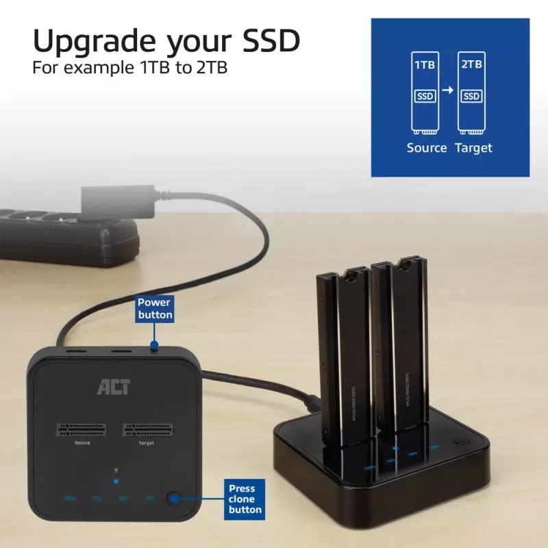 ACT M.2 NVMe/PCIe divu SSD doku klonēšanas stacija, USB-C 3.2 Gen2