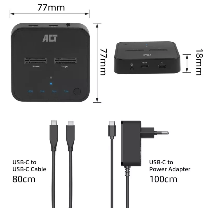 ACT M.2 NVMe/PCIe divu SSD doku klonēšanas stacija, USB-C 3.2 Gen2