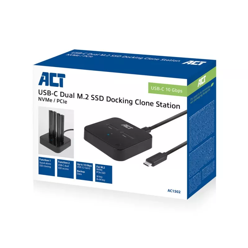 ACT M.2 NVMe/PCIe divu SSD doku klonēšanas stacija, USB-C 3.2 Gen2
