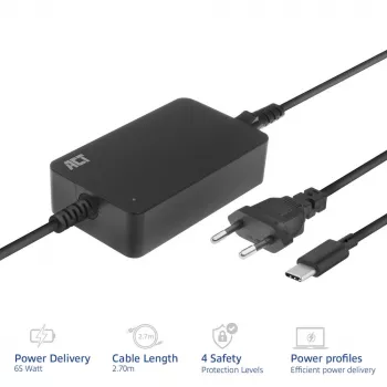 ACT AC2005 USB-C lādētājs klēpjdatoram ar Power Delivery profiliem 65W, 3m