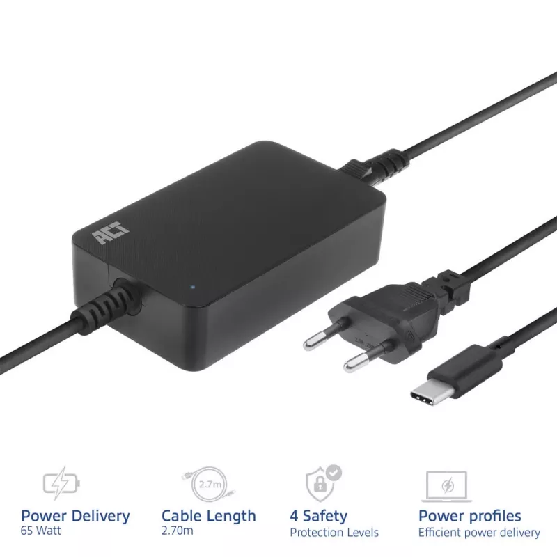 ACT AC2005 USB-C lādētājs klēpjdatoram ar Power Delivery profiliem 65W, 3m