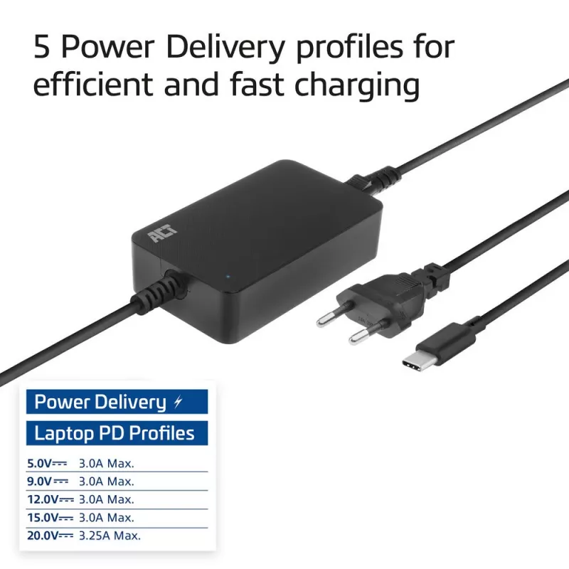ACT AC2005 USB-C lādētājs klēpjdatoram ar Power Delivery profiliem 65W, 3m