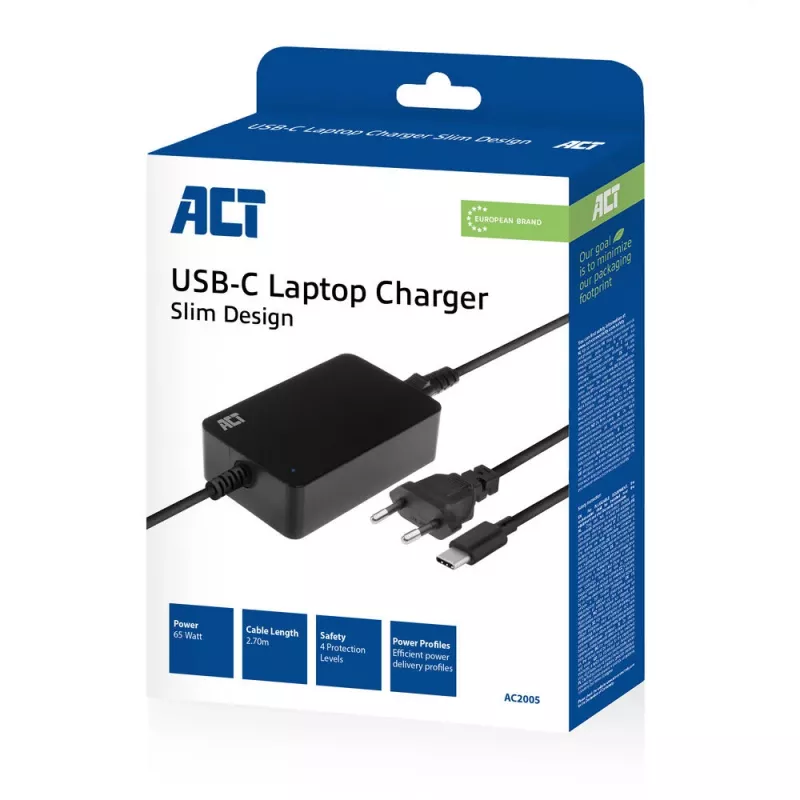 ACT AC2005 USB-C lādētājs klēpjdatoram ar Power Delivery profiliem 65W, 3m