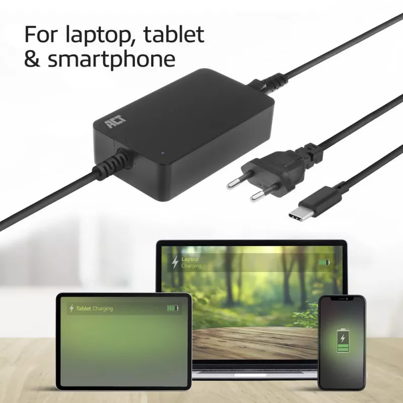 ACT AC2005 USB-C lādētājs klēpjdatoram ar Power Delivery profiliem 65W, 3m