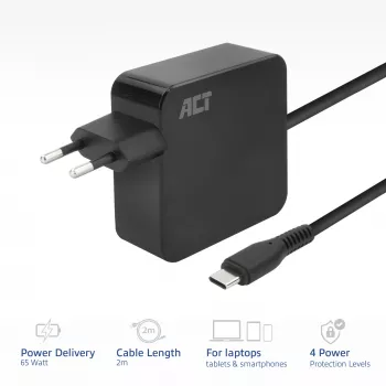 ACT USB-C sienas lādētājs klēpjdatoram 65W ar Power Delivery profiliem, 2 metri