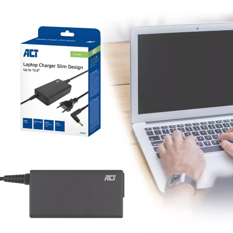 ACT Slim size klēpjdatora lādētājs 65W (līdz 15.6 collu klēpjdatoriem)