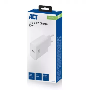 ACT kompakts USB-C lādētājs 20W ātrā uzlāde iekštelpām universāls balts