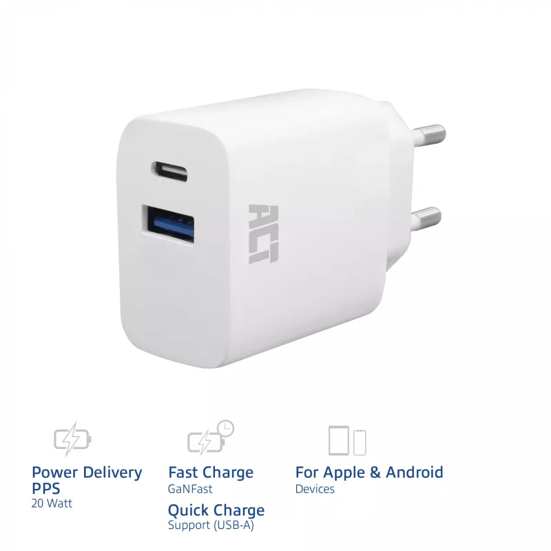 ACT AC2122 USB-C & USB-A lādētājs 20W ar Power Delivery PPS, Quick Charge, GaNFast