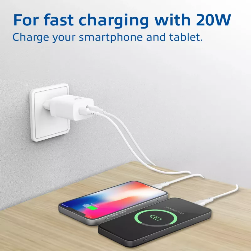 ACT AC2122 USB-C & USB-A lādētājs 20W ar Power Delivery PPS, Quick Charge, GaNFast