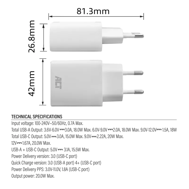 ACT AC2122 USB-C & USB-A lādētājs 20W ar Power Delivery PPS, Quick Charge, GaNFast