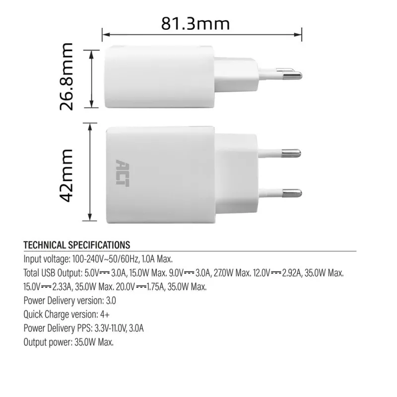 USB-C lādētājs ACT 35W Power Delivery PPS GaNFast universāls
