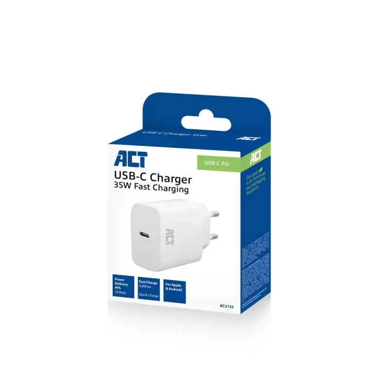 USB-C lādētājs ACT 35W Power Delivery PPS GaNFast universāls