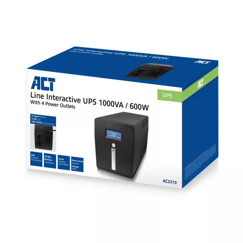 ACT Line Interactive UPS 1000VA - 600W ar AVR, LCD displejs