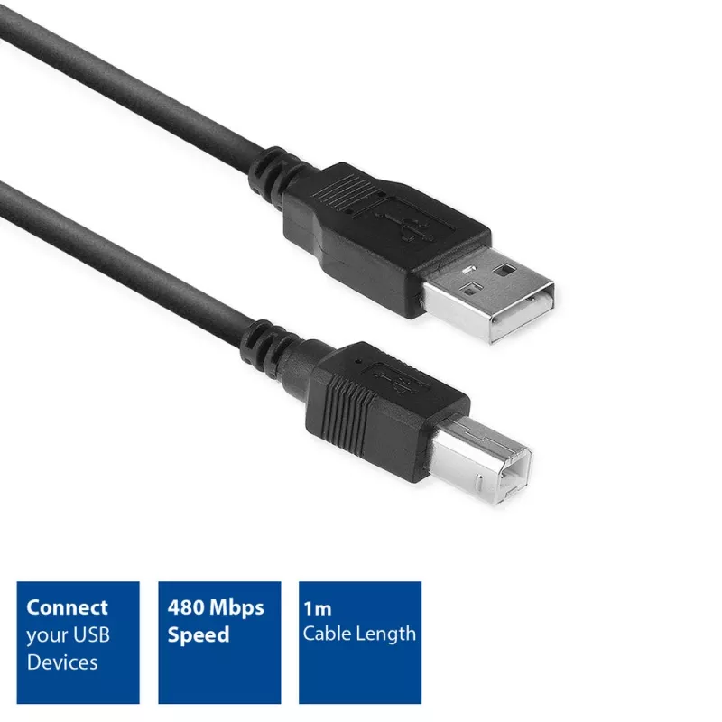 ACT USB 2.0 savienojuma kabelis A vīrišķais - B vīrišķais 1 metrs Melns