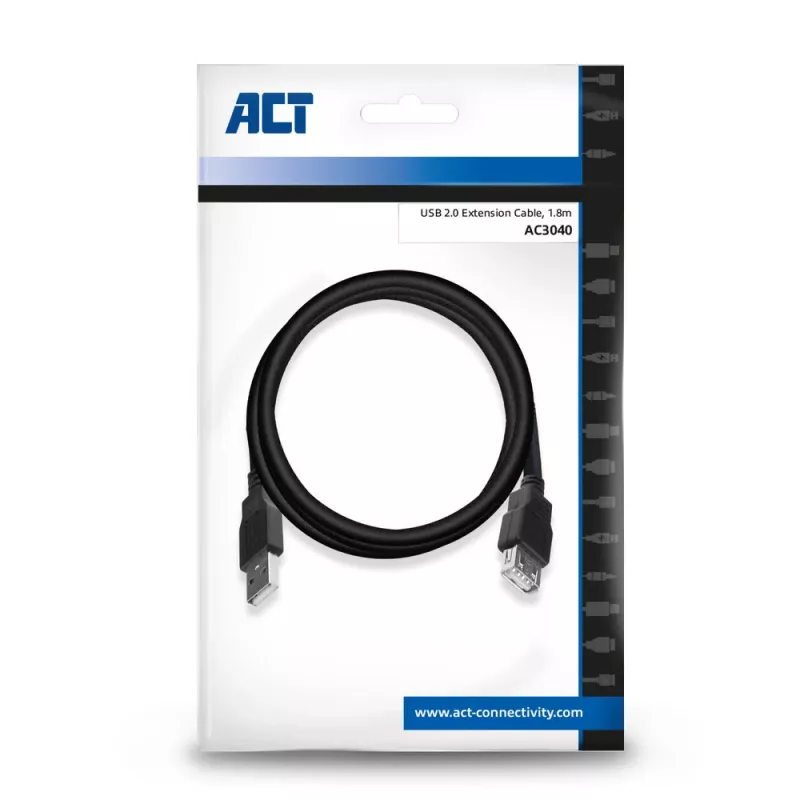 ACT USB 2.0 pagarinātājvads A tēviņš - A mātīte 1,8 m, Zip Bag
