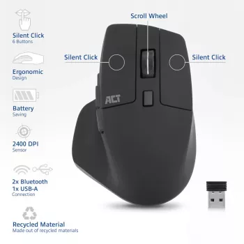 ACT AC5146 bezvadu pele ar Bluetooth un USB-A uztvērēju, 2400 DPI, klusiem klikšķiem, videi draudzīga