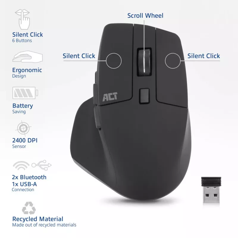 ACT AC5146 bezvadu pele ar Bluetooth un USB-A uztvērēju, 2400 DPI, klusiem klikšķiem, videi draudzīga