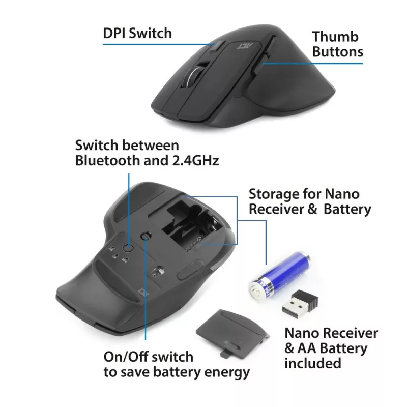 ACT AC5146 bezvadu pele ar Bluetooth un USB-A uztvērēju, 2400 DPI, klusiem klikšķiem, videi draudzīga