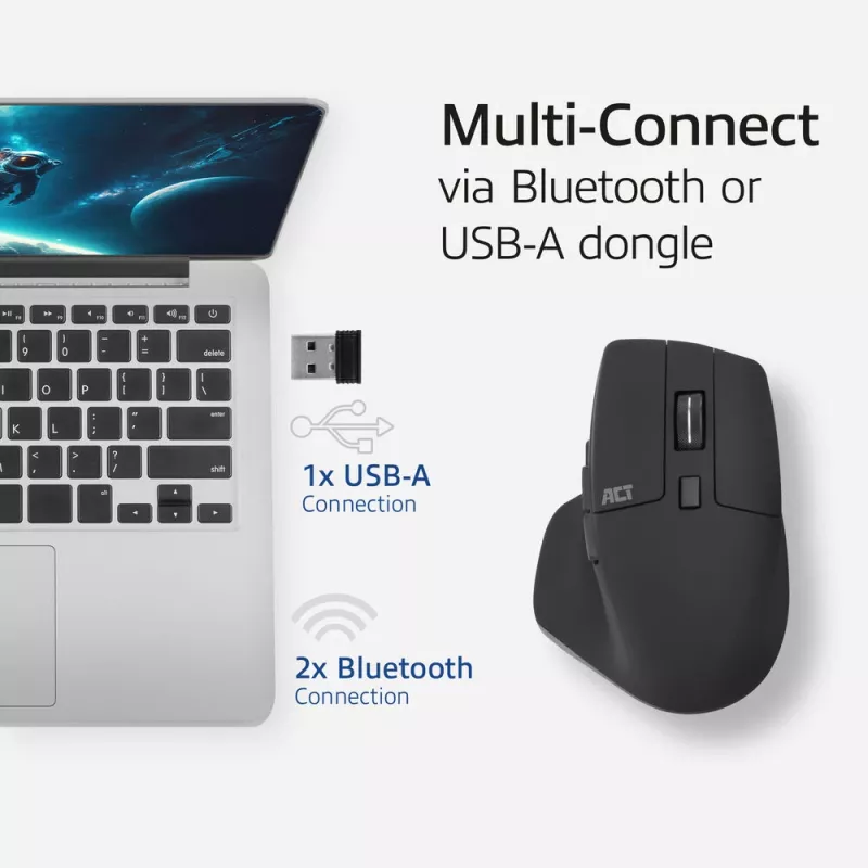 ACT AC5146 bezvadu pele ar Bluetooth un USB-A uztvērēju, 2400 DPI, klusiem klikšķiem, videi draudzīga