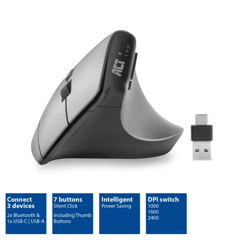 ACT AC5155 Bezvadu Ergonomic Pelīte ar Bluetooth un USB-C/USB-A uztvērēju