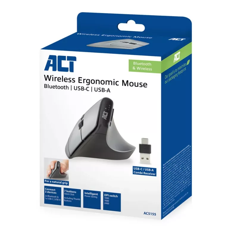 ACT AC5155 Bezvadu Ergonomic Pelīte ar Bluetooth un USB-C/USB-A uztvērēju