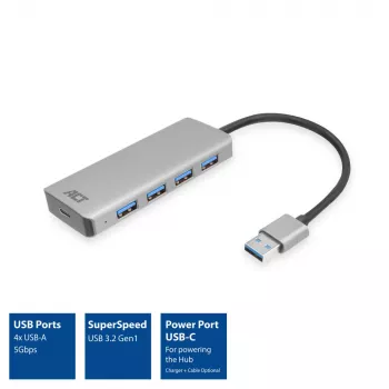 USB Hubs ACT AC6121 4-portu USB-A 5 Gbit/s Alumīnija korpuss