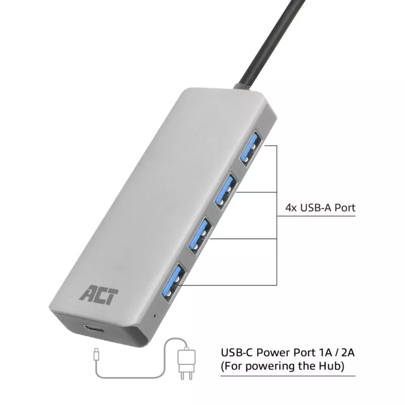 USB Hubs ACT AC6121 4-portu USB-A 5 Gbit/s Alumīnija korpuss