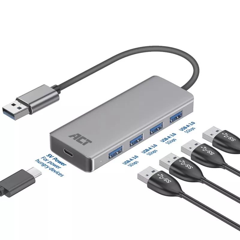 USB Hubs ACT AC6121 4-portu USB-A 5 Gbit/s Alumīnija korpuss