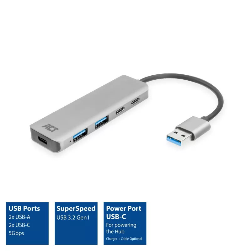USB centrmezgls ACT AC6125 3.2 Gen 1 Type-A 5000 Mbit/s Pelēks