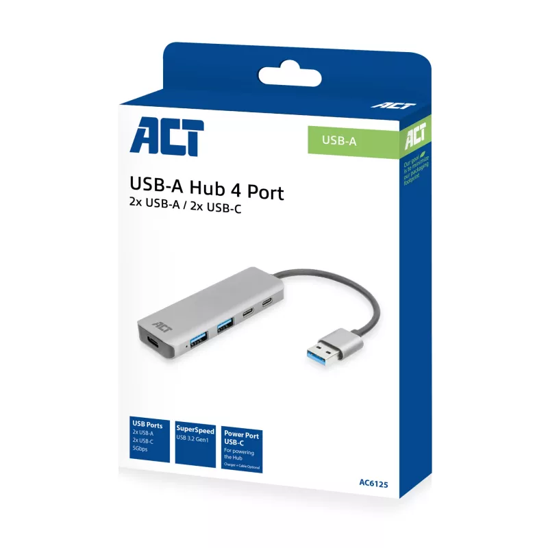 USB centrmezgls ACT AC6125 3.2 Gen 1 Type-A 5000 Mbit/s Pelēks