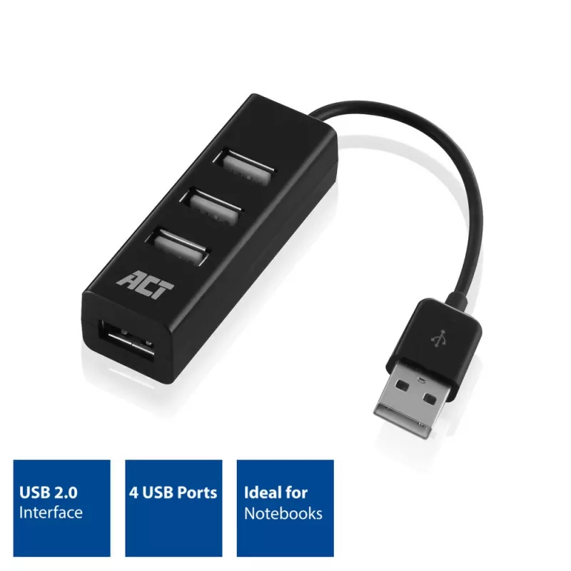 USB Hubs ACT AC6205 2.0 480 Mbit/s Melns 0.12m