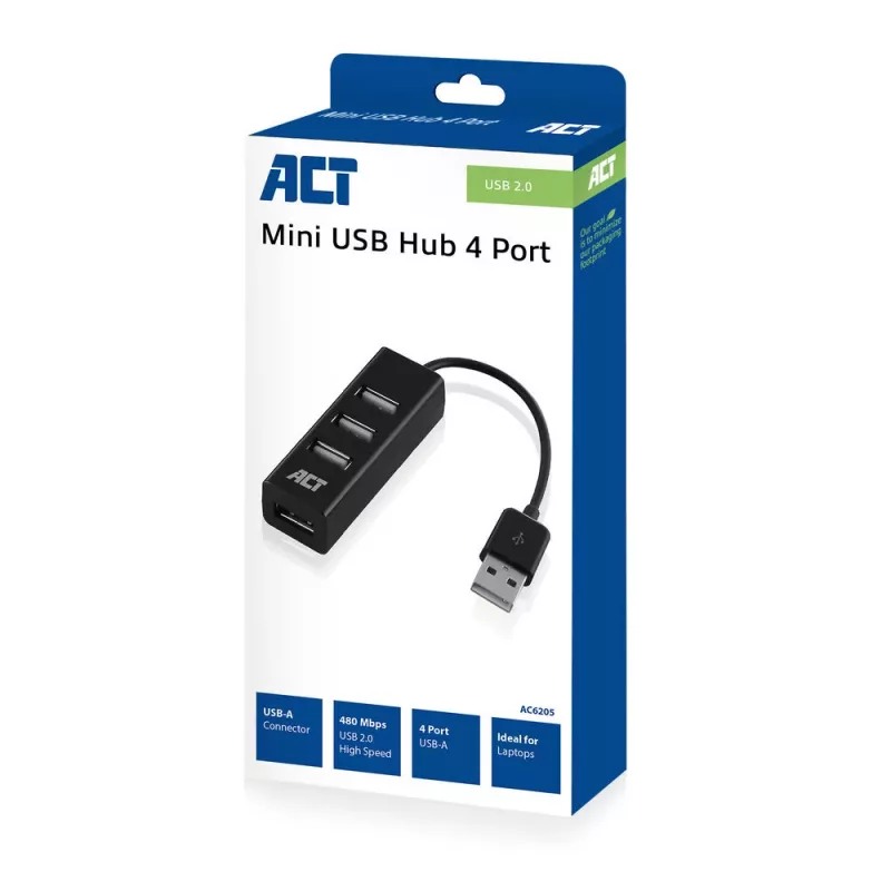 USB Hubs ACT AC6205 2.0 480 Mbit/s Melns 0.12m
