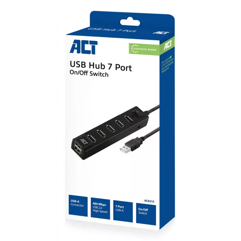 USB centrmezgls ACT AC6215 7 porti USB 2.0 480 Mbit/s Melns