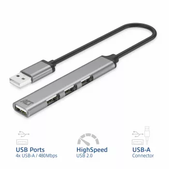 ACT AC6225 USB 2.0 Hub 480 Mbit/s Pelēks Alumīnijs