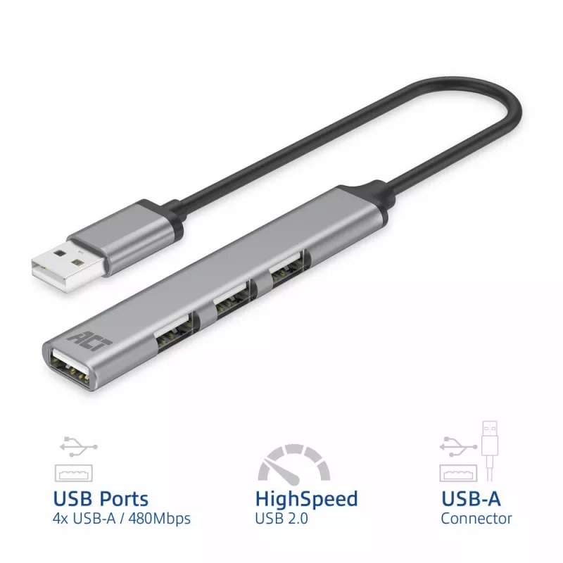 ACT AC6225 USB 2.0 Hub 480 Mbit/s Pelēks Alumīnijs