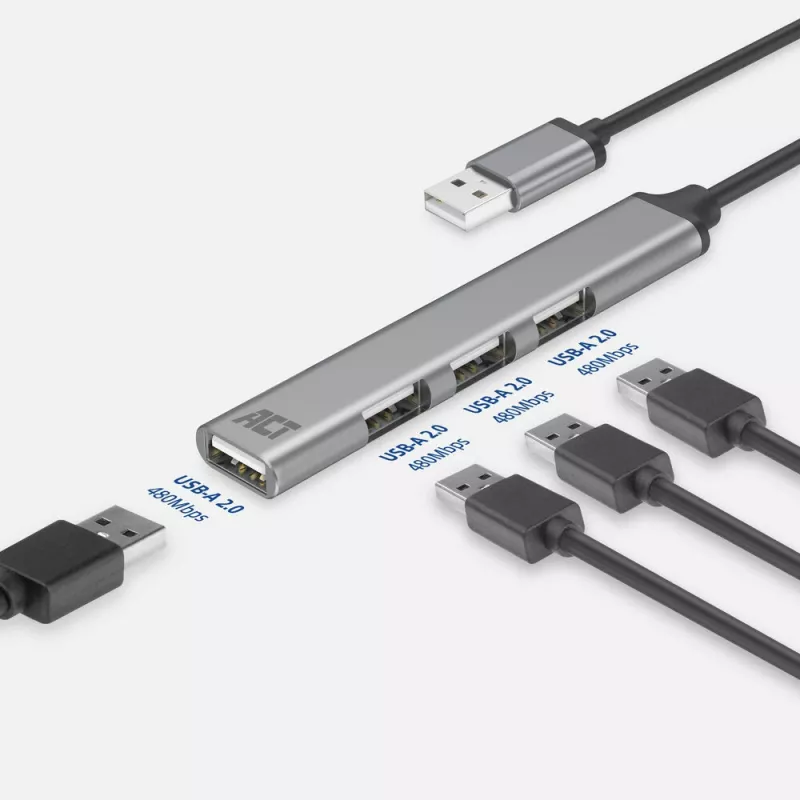 ACT AC6225 USB 2.0 Hub 480 Mbit/s Pelēks Alumīnijs