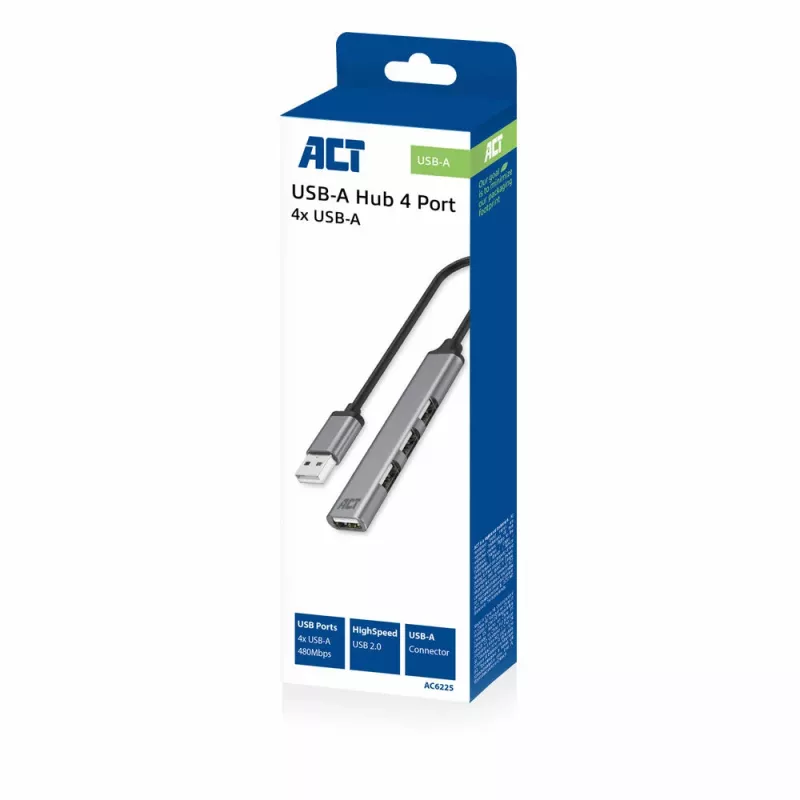 ACT AC6225 USB 2.0 Hub 480 Mbit/s Pelēks Alumīnijs