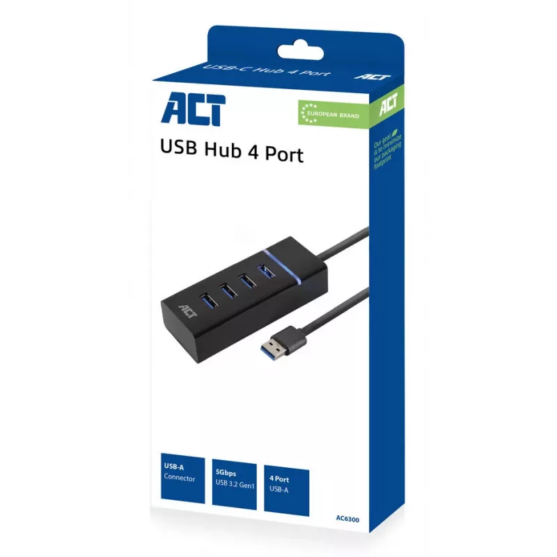ACT AC6300 USB 3.2 Gen 1 Hubs 4 portu Type-A 5000 Mbit/s Melns