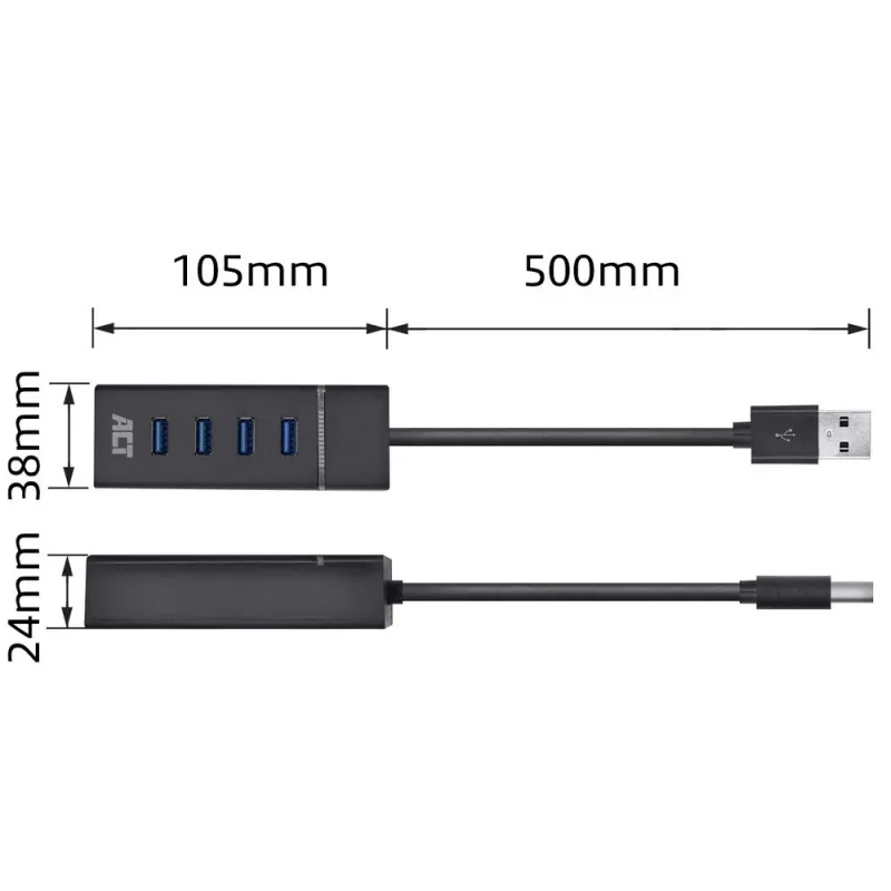 ACT AC6300 USB 3.2 Gen 1 Hubs 4 portu Type-A 5000 Mbit/s Melns