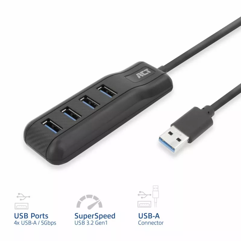ACT AC6320 USB 3.2 Gen 1 centrmezgls ar 4 USB-A portiem, 5 Gbps, melns