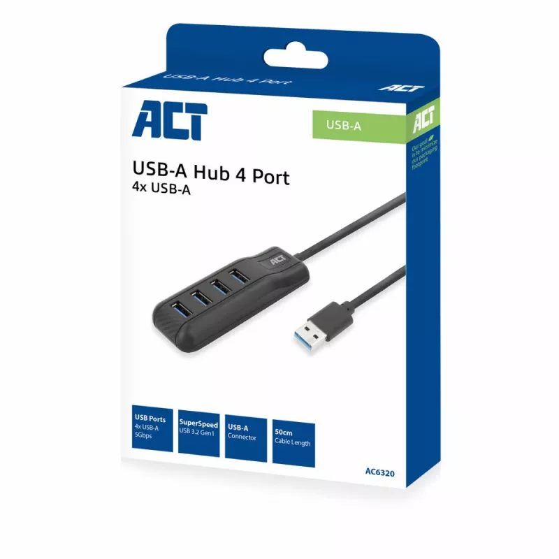 ACT AC6320 USB 3.2 Gen 1 centrmezgls ar 4 USB-A portiem, 5 Gbps, melns
