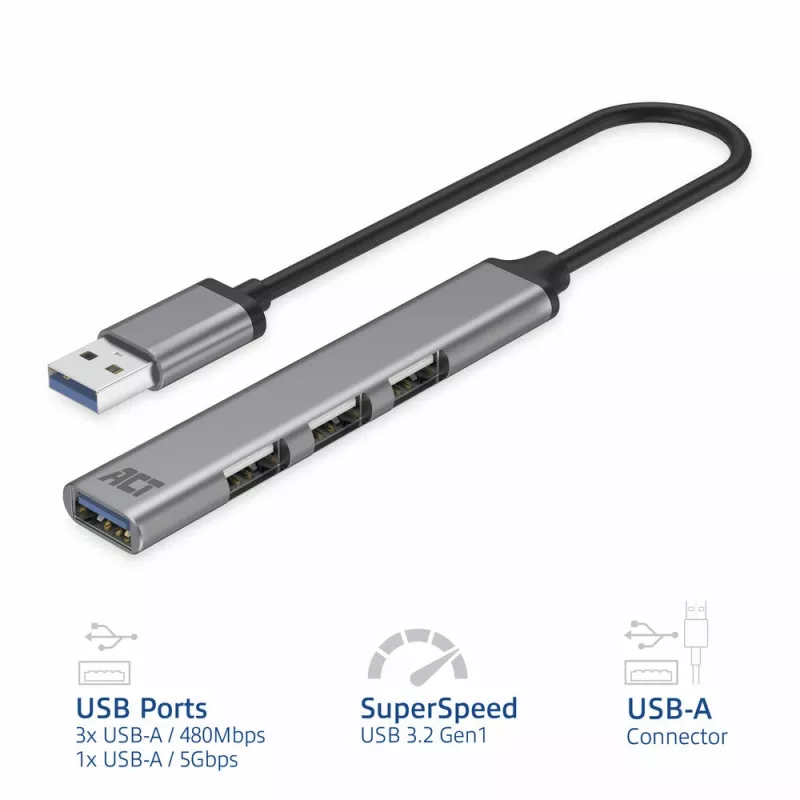 ACT AC6325 USB 3.2 Gen 1 Type-A Hub 4 portu pelēks