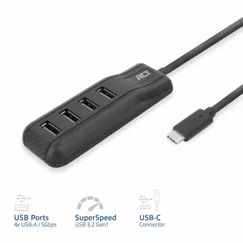 ACT AC6420 USB-C centrmezgls 4× USB-A 3.2 Gen 1 5 Gbit/s melns